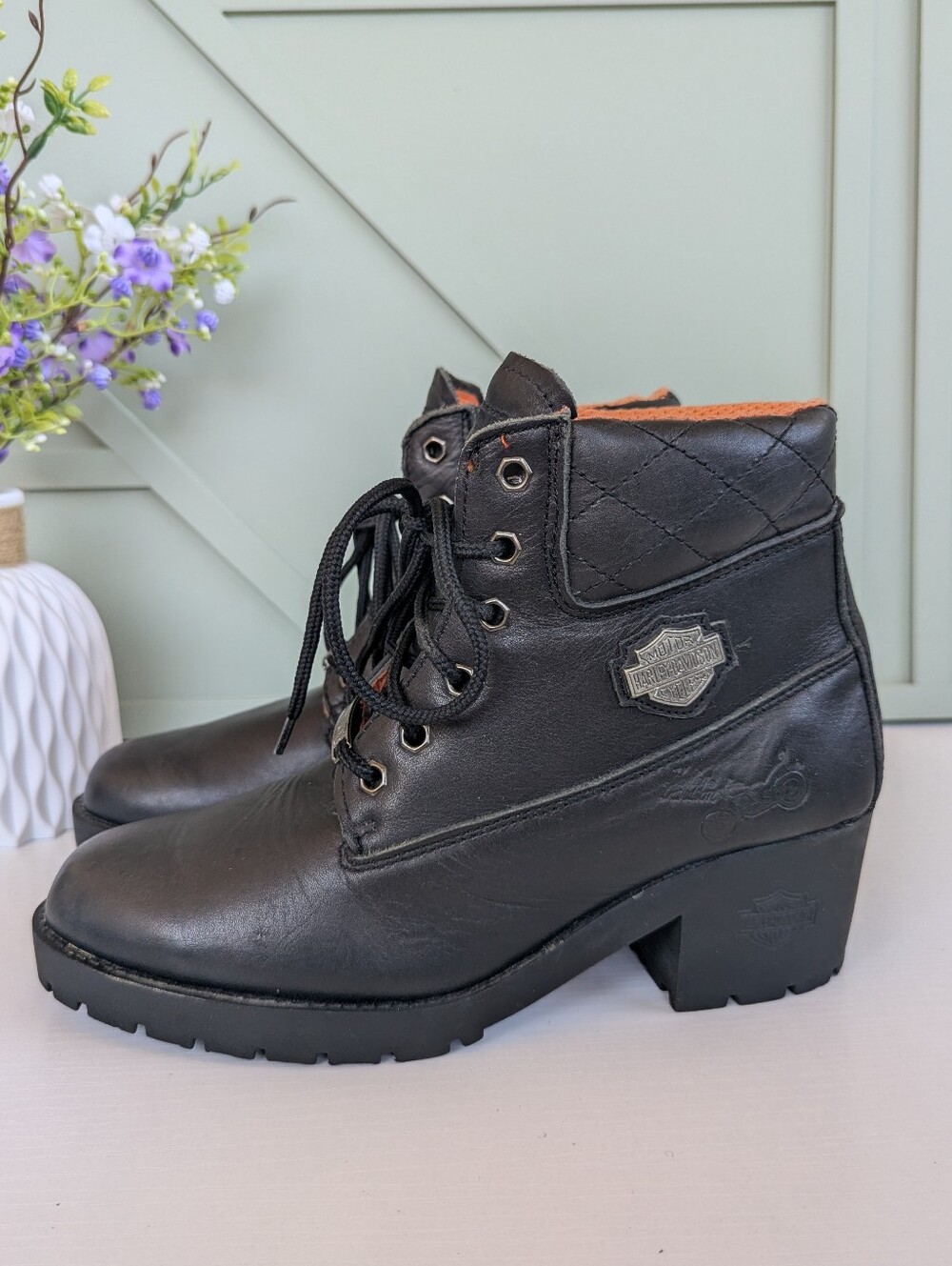 Harley-Davidson Black Leather Lace-Up Quilted Collar Boots